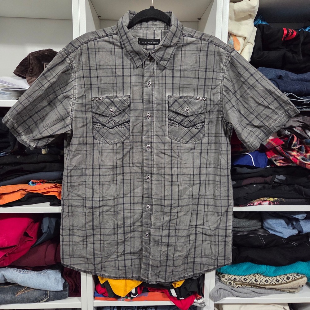Affliction Black Premium Mens Plaid Short Sleeve Button Shirt Large embroidered